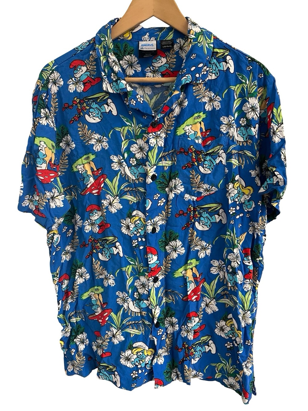 SMURFS x Mad Engine Hawaiian Shirt Men’s L Blue Mushroom Floral Aloha Kitsch Fun